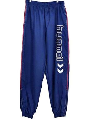 Vintage Hummel Track Pants L Blue Soccer Windbreaker Nylon Joggers Zip Leg